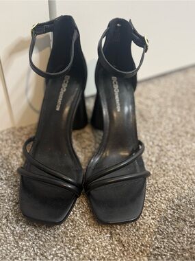 Patra Black Strappy Ankle Strap Block Heel Sandals